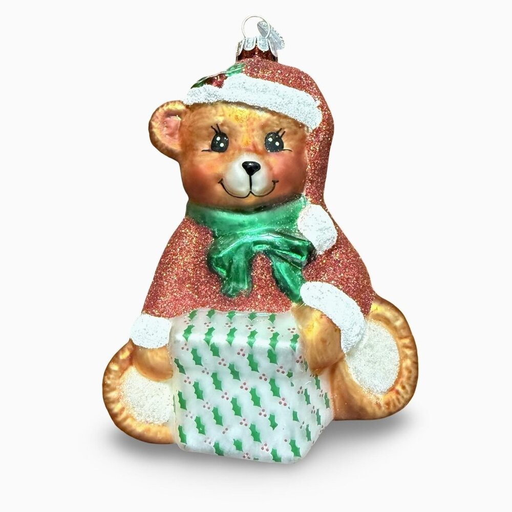 Christopher Radko Teddy Bear Christmas Ornament‎ Retro Glass Red Green Glitter